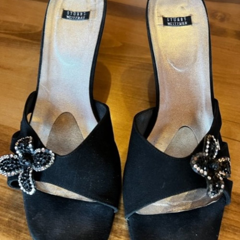 Stuart Weitzman Black Suede Leather, Open Toe Heels with Rhinestone Flowers